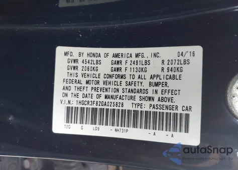 2016 Honda Accord Ex-L V-6 from USA, damaged, VIN 1HGCR3F82GA025828